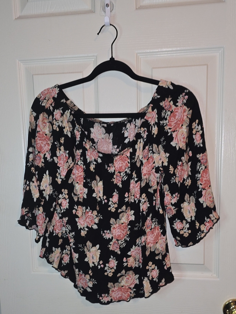 Black Floral Off-Shoulder Blouse with Pink Roses - Women’s Top